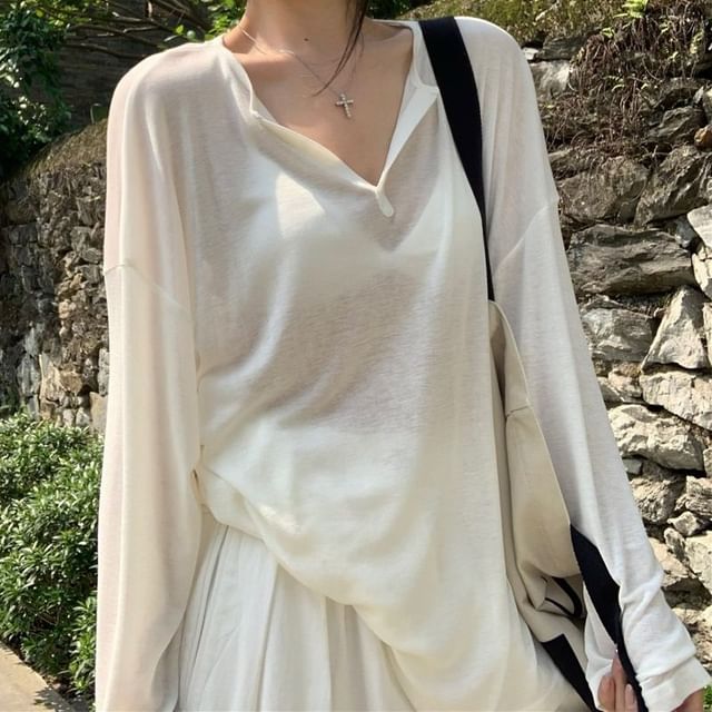 monroll-Long-Sleeve V-Neck Plain T-Shirt