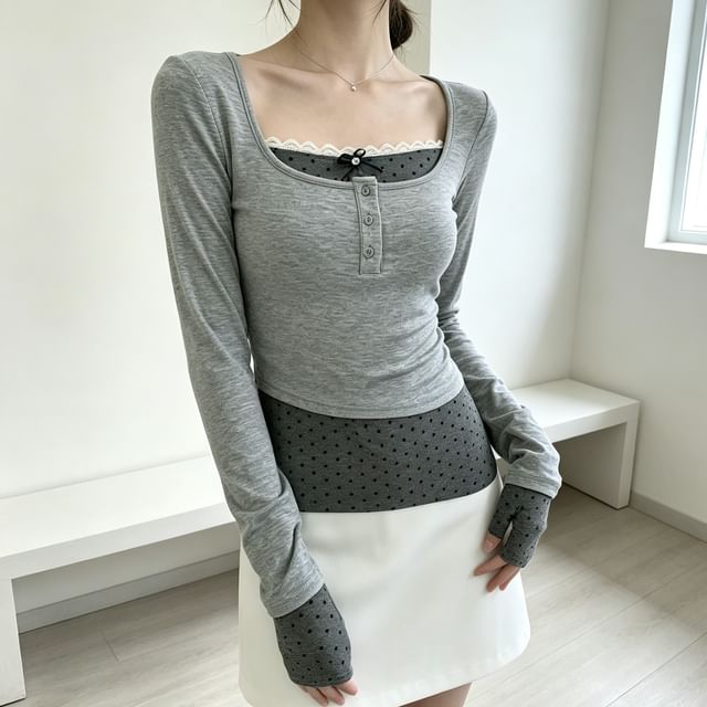 monroll-Mock Two-Piece Long-Sleeve Henley Dotted Panel Top