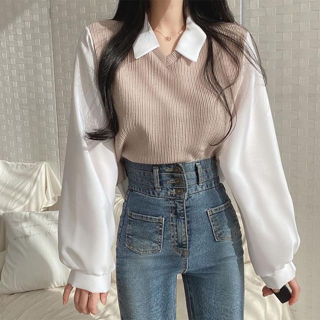 monroll-Mock Two-Piece Long-Sleeve Two Tone Ribbed Panel Blouse
