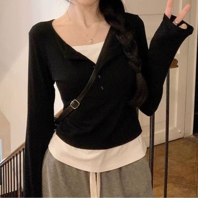 monroll-Mock Two-Piece Long-Sleeve V-Neck Top