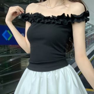 monroll-Off Shoulder Frill Trim Plain Crop Top
