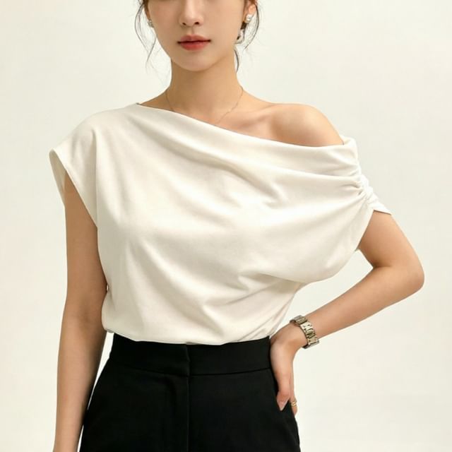 monroll-One-Shoulder Asymmetrical Plain Shirred Blouse