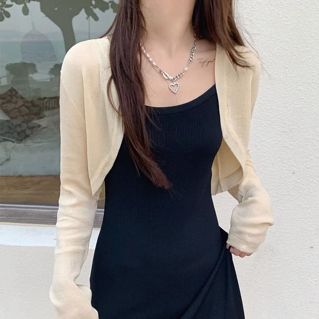 monroll-Open Front Plain Crop Cardigan