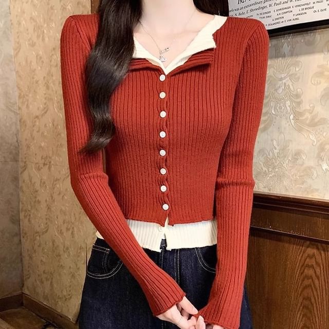 monroll-Open Placket Mock Two Piece Ribbed Cardigan