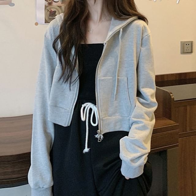 monroll-Plain Drawstring Crop Zip Hoodie