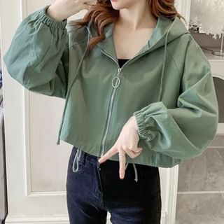 monroll-Plain Drawstring Hooded Crop Zip Jacket