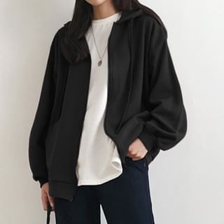 monroll-Plain Drawstring Zip Hoodie