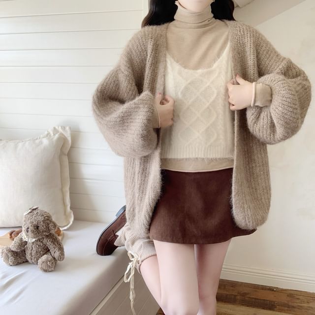 monroll-Plain Ribbed Open Front Cardigan