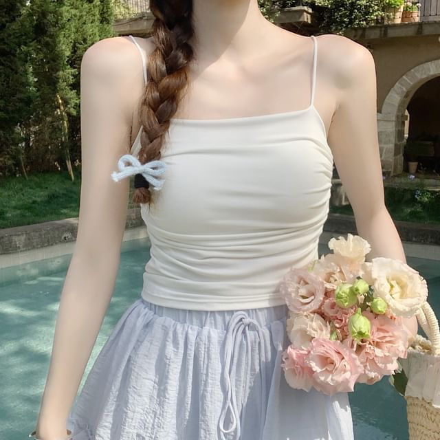 monroll-Plain Ruched Padded Crop Cami Top