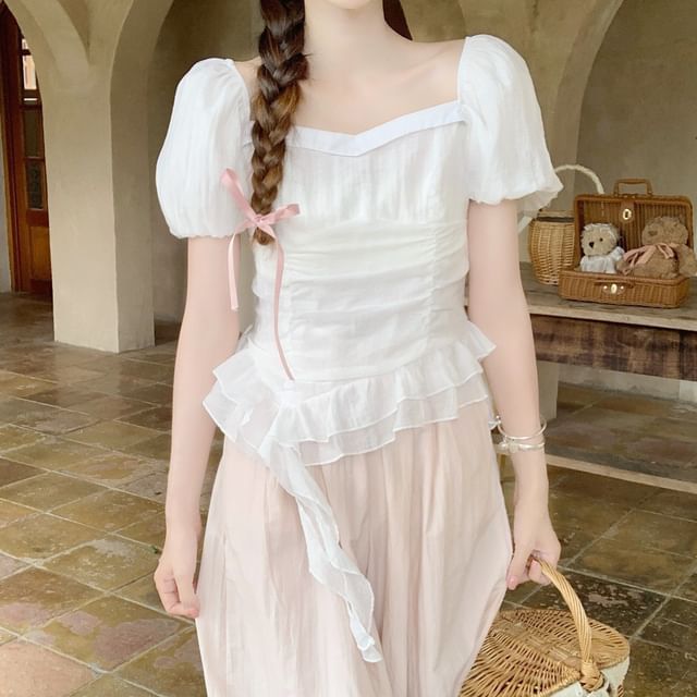 monroll - Puff-Sleeve Square Neck Plain Asymmetrical Ruched Ruffle Hem ...