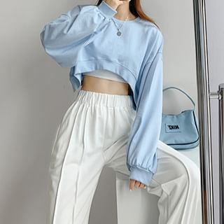 monroll-Round Neck Plain Cropped Pullover