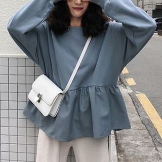 monroll-Round Neck Plain Peplum Sweatshirt