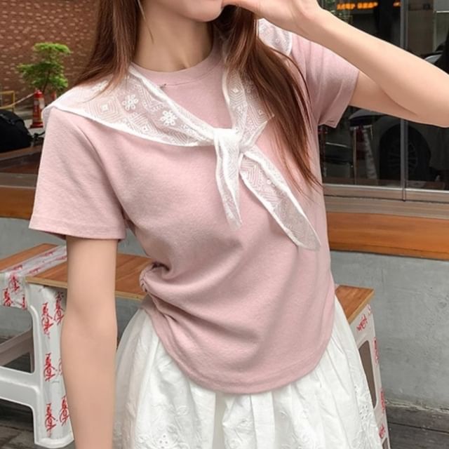 monroll-Set Short Sleeve Round Neck Plain Tee Scarf