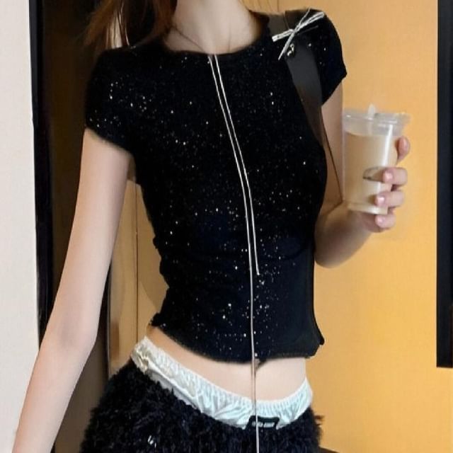 monroll-Short-Sleeve Boatneck Rhinestone Crop Tee