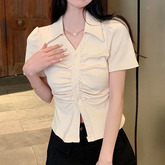 monroll-Short-Sleeve Button-Up Plain Shirt