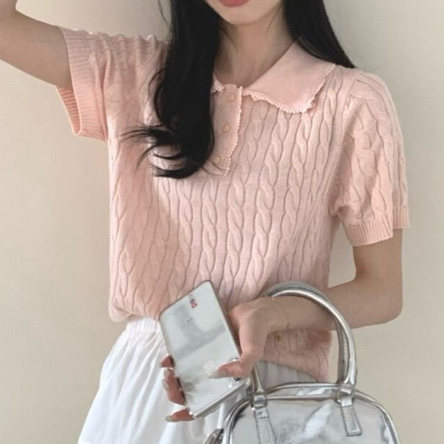 monroll-Short-Sleeve Cable Knit Plain Polo Top