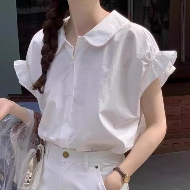 monroll-Short-Sleeve Collared Plain Ruffle Trim Shirt