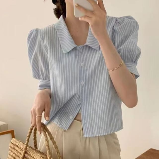monroll-Short-Sleeve Collared Striped Button Up Shirt