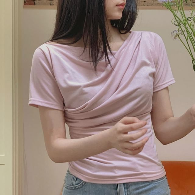monroll-Short Sleeve Cowl Neck Plain Tee