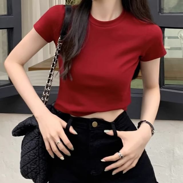 monroll-Short-Sleeve Crewneck Plain Crop Tee