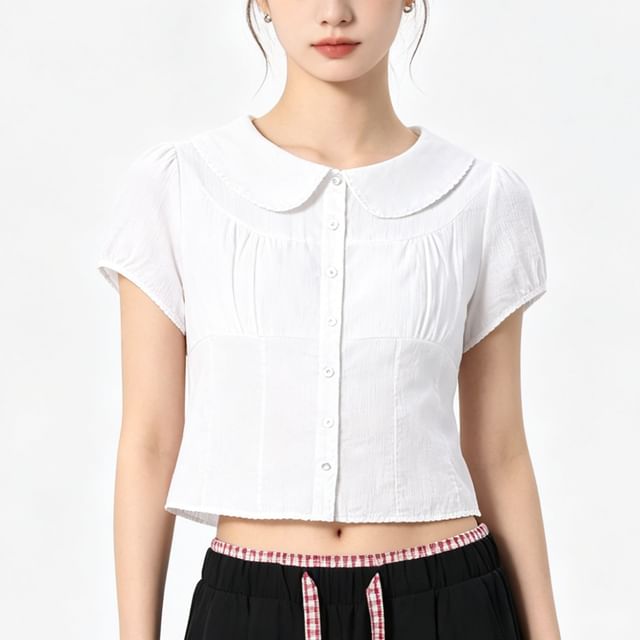 monroll-Short Sleeve Peter Pan Collar Plain Blouse