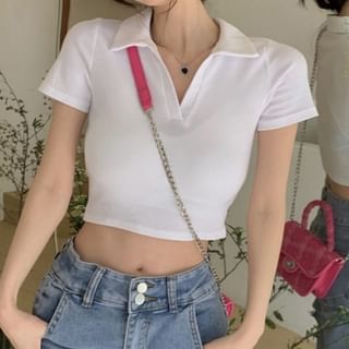 monroll-Short-Sleeve Plain Crop Polo Top