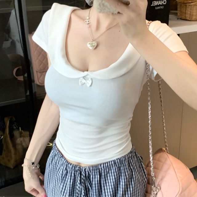 monroll-Short-Sleeve Scoop Neck Plain Crop Top