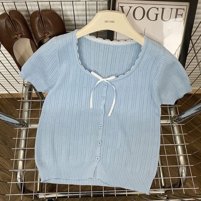 monroll-Short Sleeve Scoop Neck Plain Ribbed Knit Top