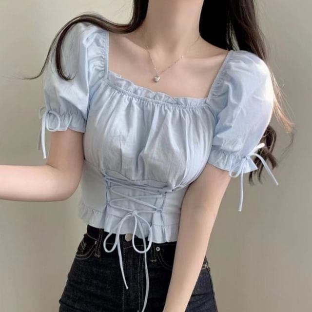 monroll-Short-Sleeve Square Neck Plain Ruffle Trim Blouse