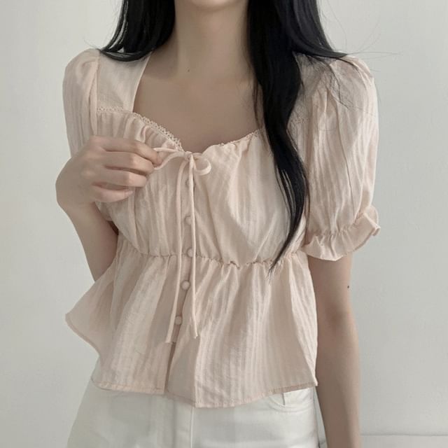 monroll-Short-Sleeve V-Neck Plain Crop Top