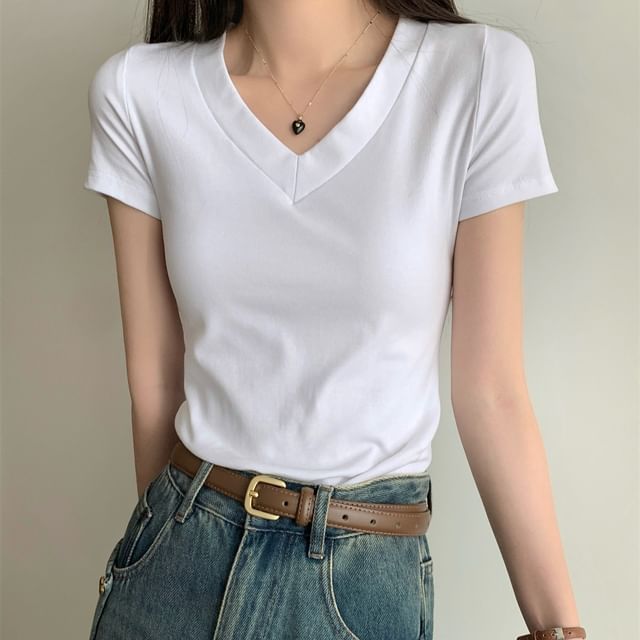 monroll-Short-Sleeve V-Neck Plain T-Shirt