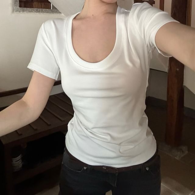 monroll-Short-Sleeve V-Neck Plain Tee