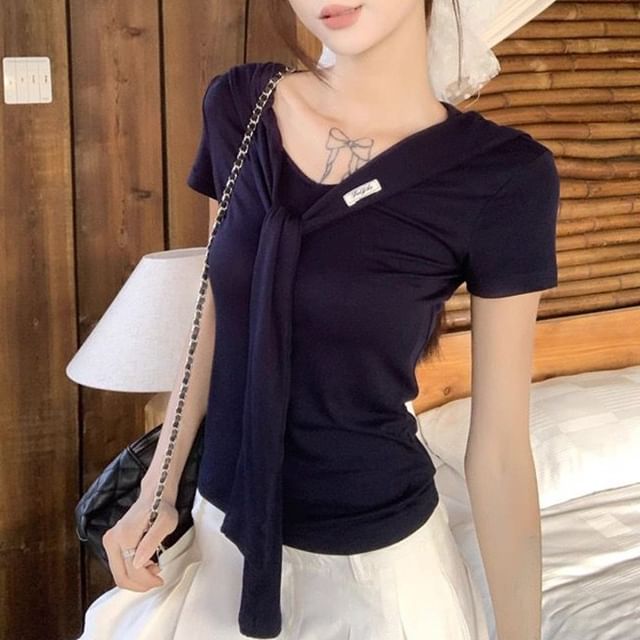 monroll-Short-Sleeve V-Neck Plain Tee