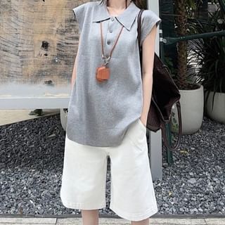 monroll-Sleeveless Collared Plain Oversized Knit Top High Waist Plain Shorts