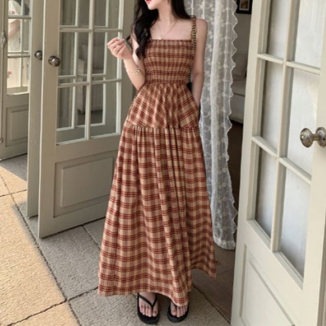 monroll-Spaghetti Strap Square Neck Plaid Maxi A-Line Dress