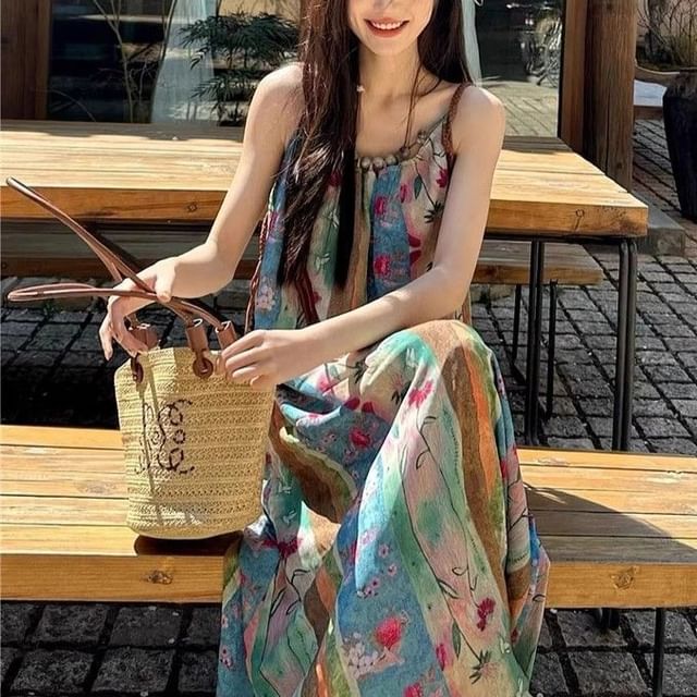 monroll-Spaghetti Strap Striped Maxi A-Line Dress