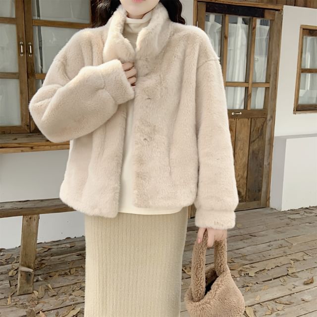 monroll-Stand Collar Plain Fluffy Jacket