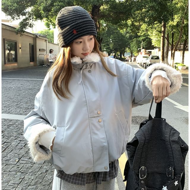 monroll-Stand Collar Plain Fluffy Trim Zip-Up Jacket