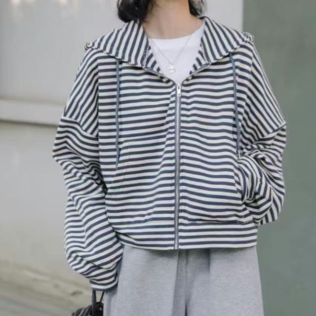 monroll-Striped Drawstring Zip Hoodie