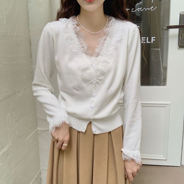 monroll-V-Neck Plain Lace Trim Button Up Cardigan