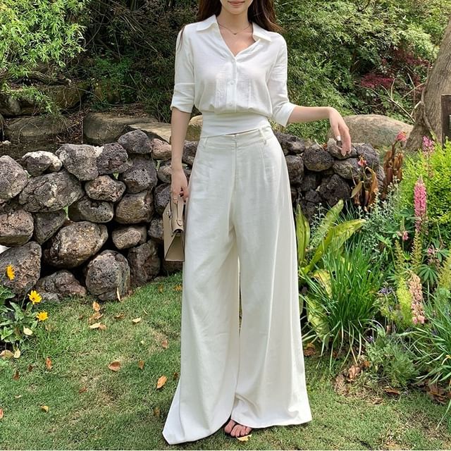 Moon City-34-Sleeve V-Neck Collared Tie Back Button-Up Plain Crop Blouse High Waist Wide Leg Pants
