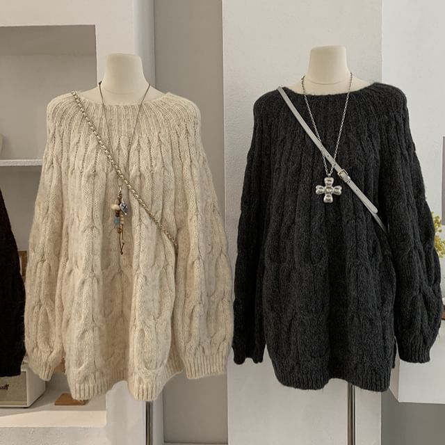 Moon City-Boat Neck Plain Cable Knit Sweater
