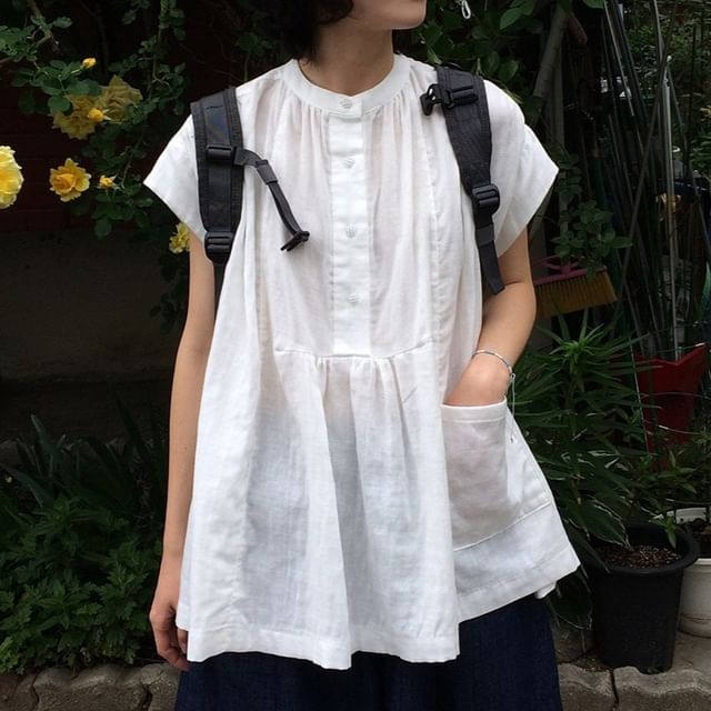Moon City-Cap-Sleeve Band Collar Plain Blouse