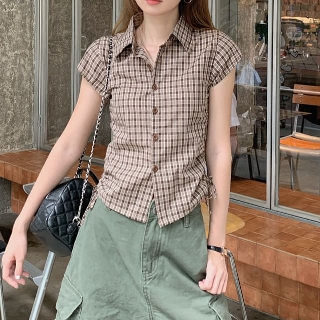 Moon City-Cap-Sleeve Collared Plaid Drawstring Button-Up Blouse
