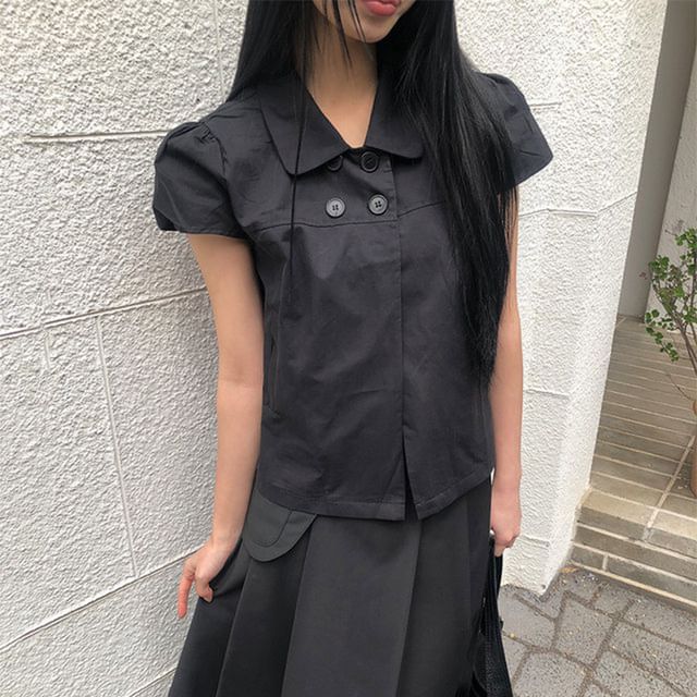 Moon City-Cap Sleeve Collared Plain Double Breasted Blouse
