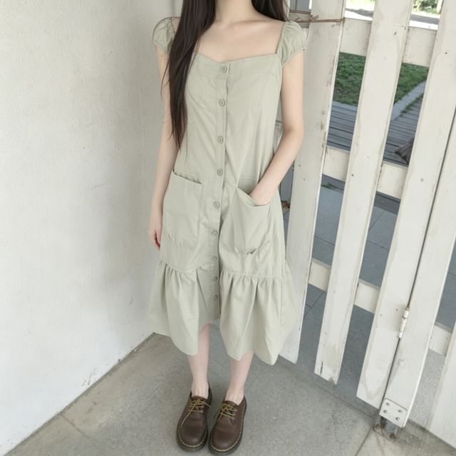 Moon City-Cap Sleeve Square Neck Plain Gathered Pocket Button Mini A-Line Dress