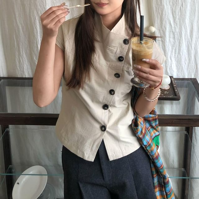 Moon City-Cap-Sleeve Stand Collar Asymmetrical Button-Up Plain Blouse