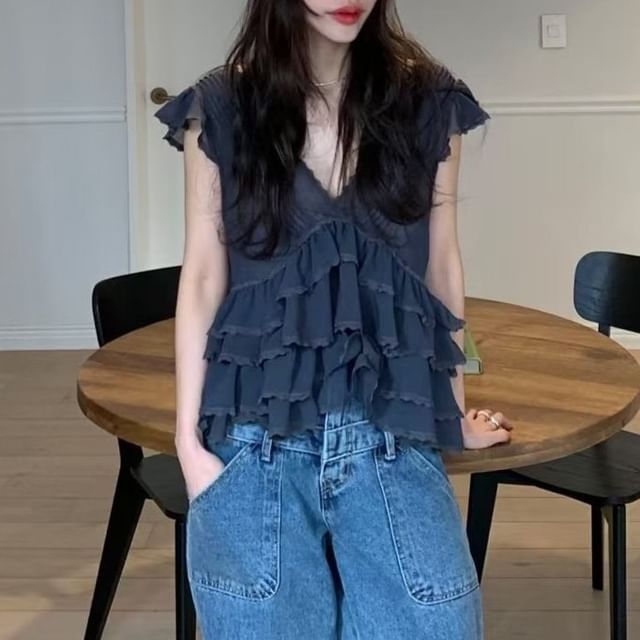 Moon City-Cap-Sleeve V-Neck Ruffle Blouse