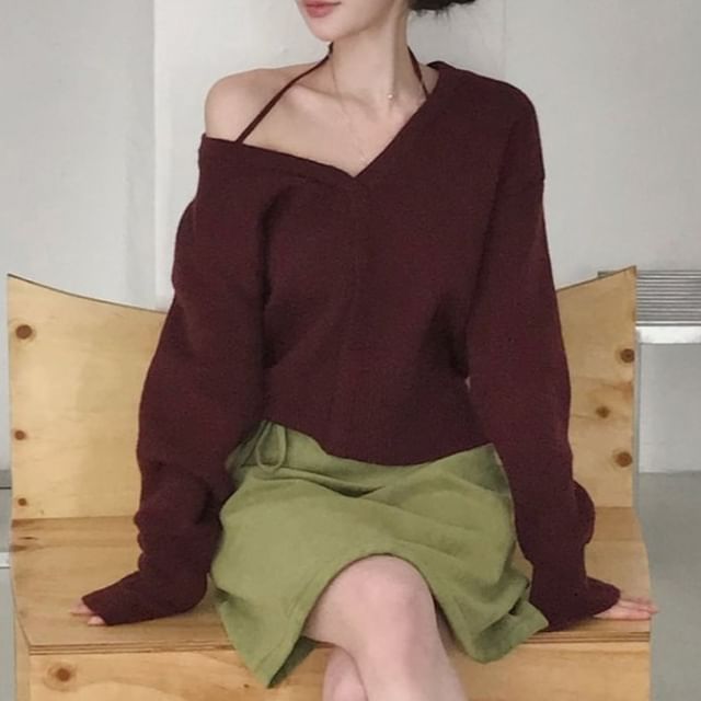 Moon City-Cold Shoulder Plain Sweater