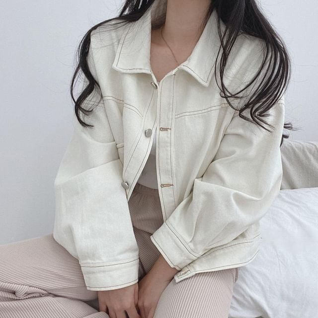 Moon City-Collared Contrast Stitching Button Up Jacket